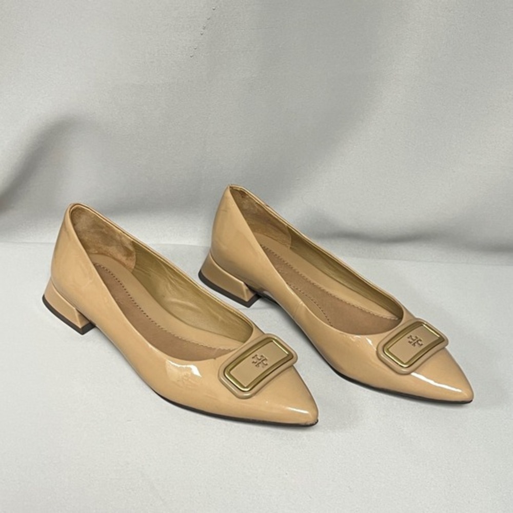 Tory Burch Leather Pointed Toe Block‎ Heel Pumps Beige Size 5M
